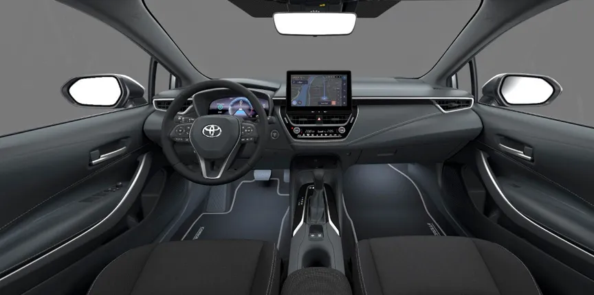 diseño interior del Toyota Corolla Active Plus, con pantalla de 10,5" y cuadro de mandos digital
